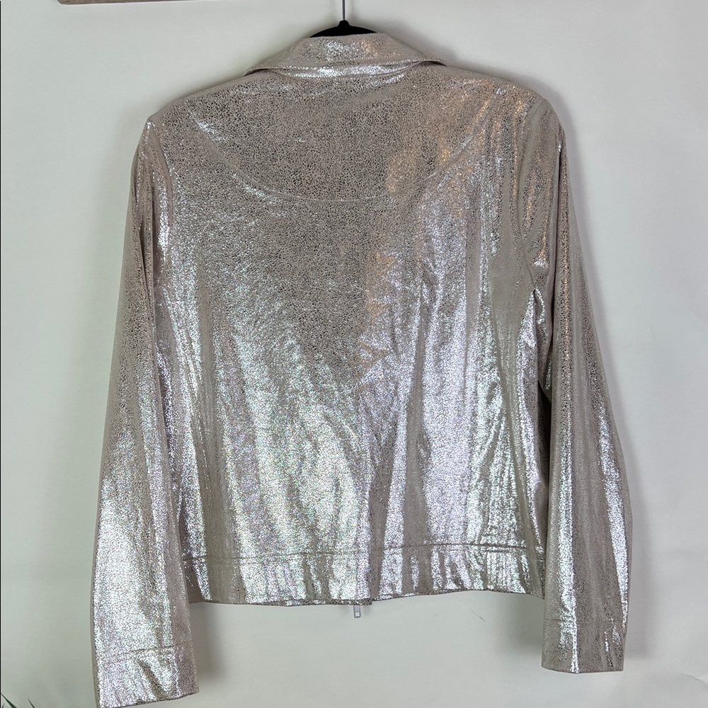 NWT Peace of Cloth Mariel Foiled Suede Moto Jacket Metallic Gold Beige Medium - Picture 5 of 14